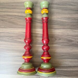 Vintage Old Germany Judaica Had Painted  wooden Shabbat candlesticks.